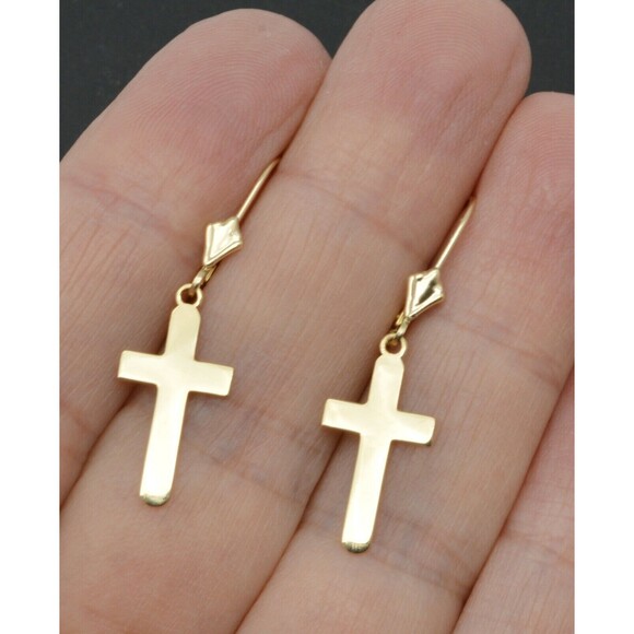 14k White or Yellow Solid Gold Dangle Cross Charm Leverback Earrings - Picture 1 of 5